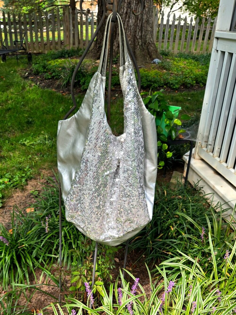 Giant Silver Sequin Tote Bag - Oversized Slouchy Metallic Hobo Shoulder Purse XL